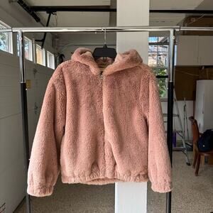 French Connection Teddy Jacket Womens Size 2 Rose Pink Faux Fur Hooded Zip Front